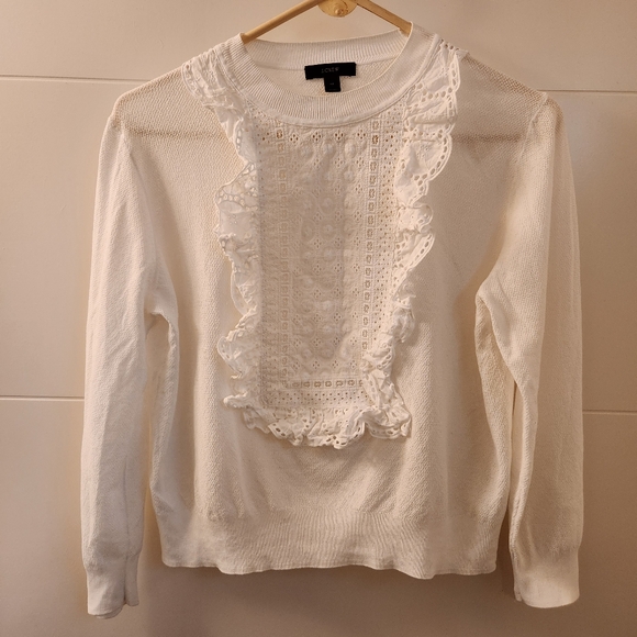 J. Crew Womens White Eyelet Bib Sweater Size M 100% Cotton - Picture 1 of 5